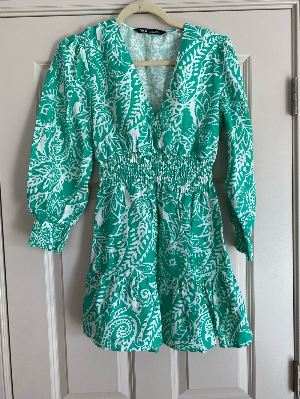 Zara Small Linen Blend Light Green & White Paisley Smocked Waist Dress